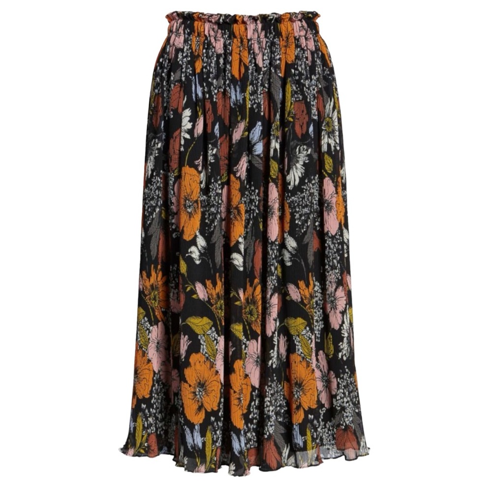 Halogen x Atlantic Pacific Black Floral Crinkle Pleat Midi Skirt size XL